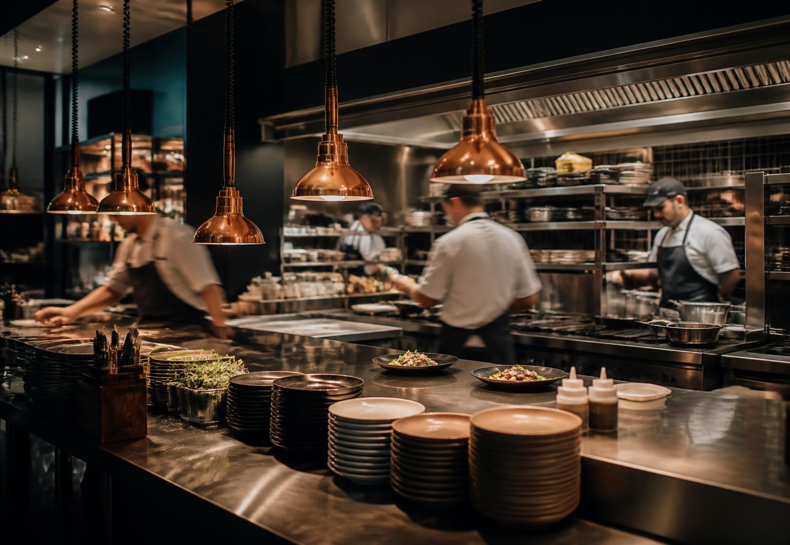 Chefs working the pass in a busy commercial kitchen